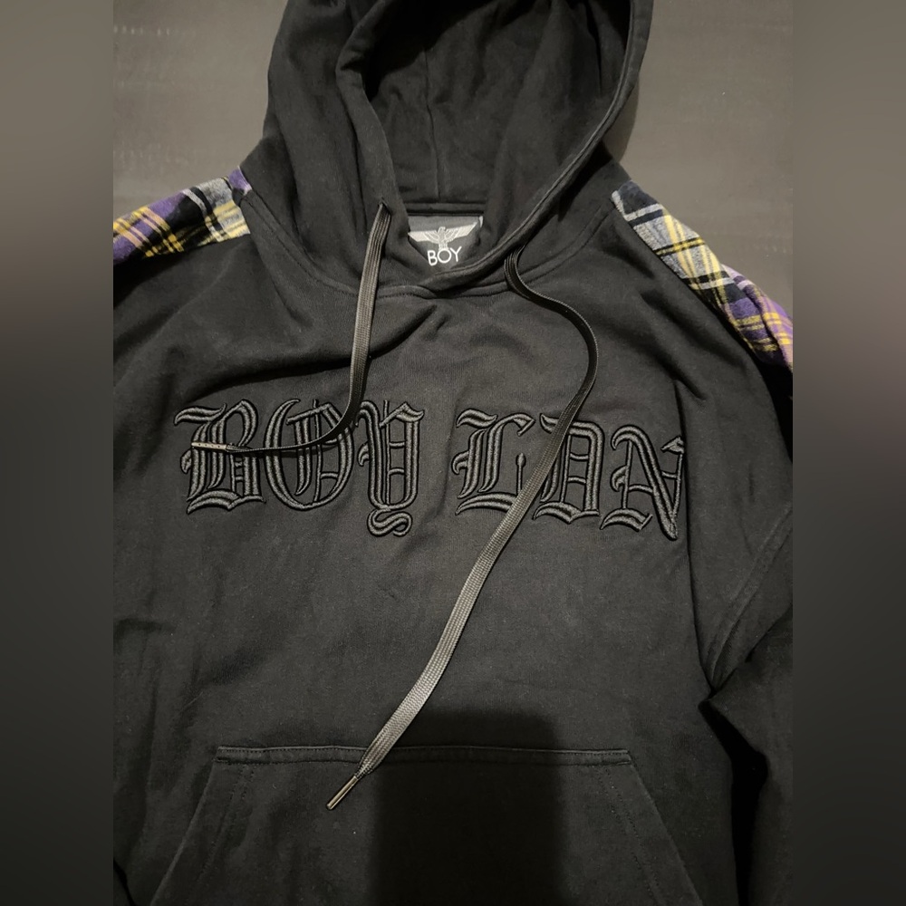 BOY London Black Hoodie with purple Plaid Accents